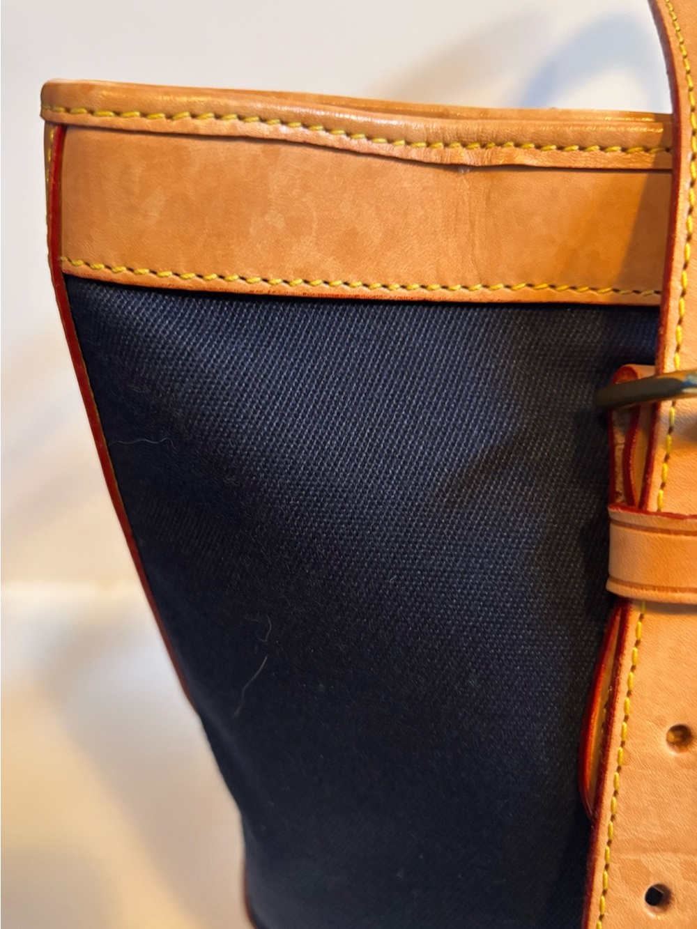 Dooney & Bourke Navy Canvas Cabriolet Bucket Bag Tote Tan Leather Trim - Picture 5 of 15